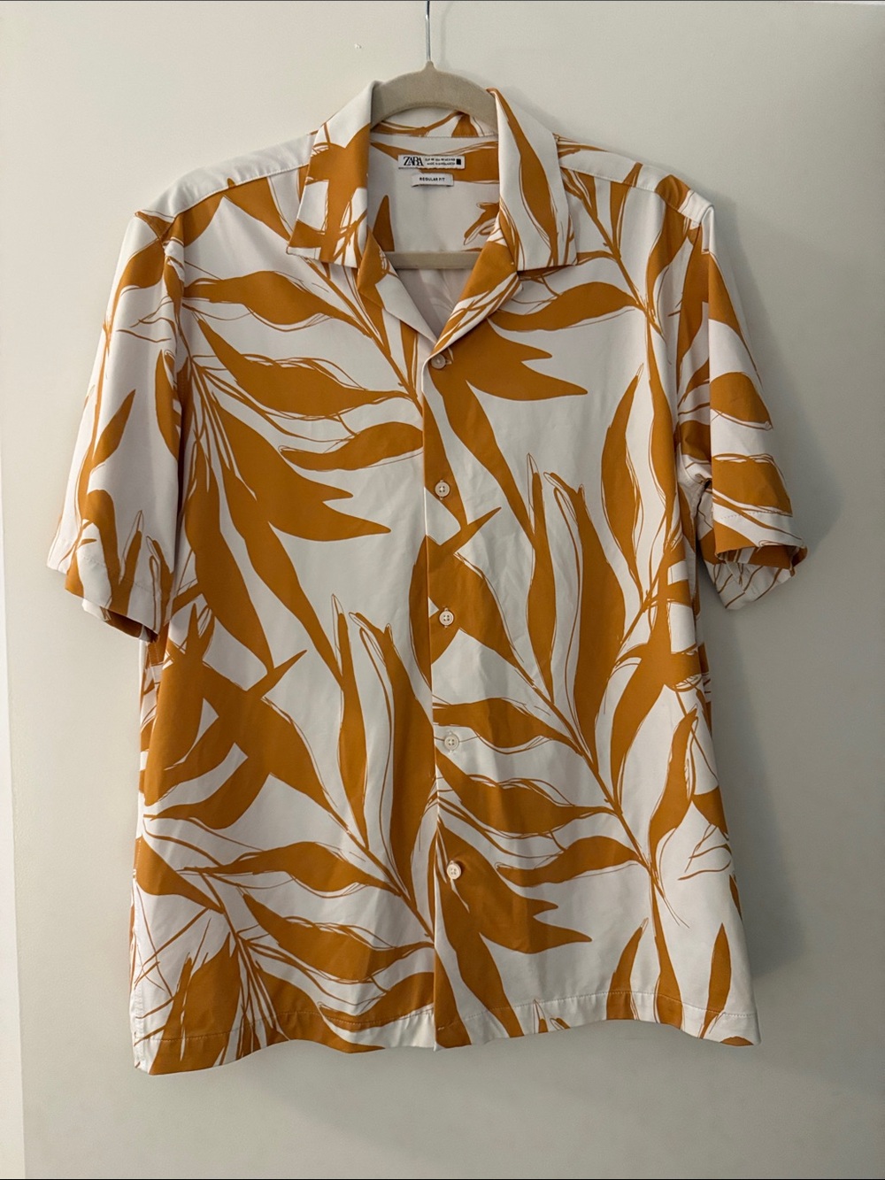 Zara Men Cream & Mustard Leaf-Print Short Sleeve Button-Down Shirt
